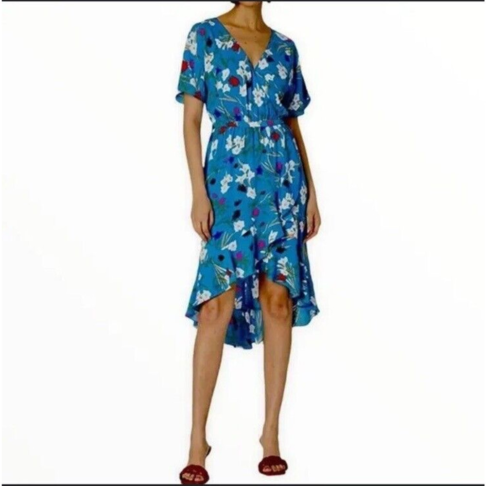 J. Crew Mercantile Size XXS Dress High Low Faux Wrap Ruffled Midi Blue Floral